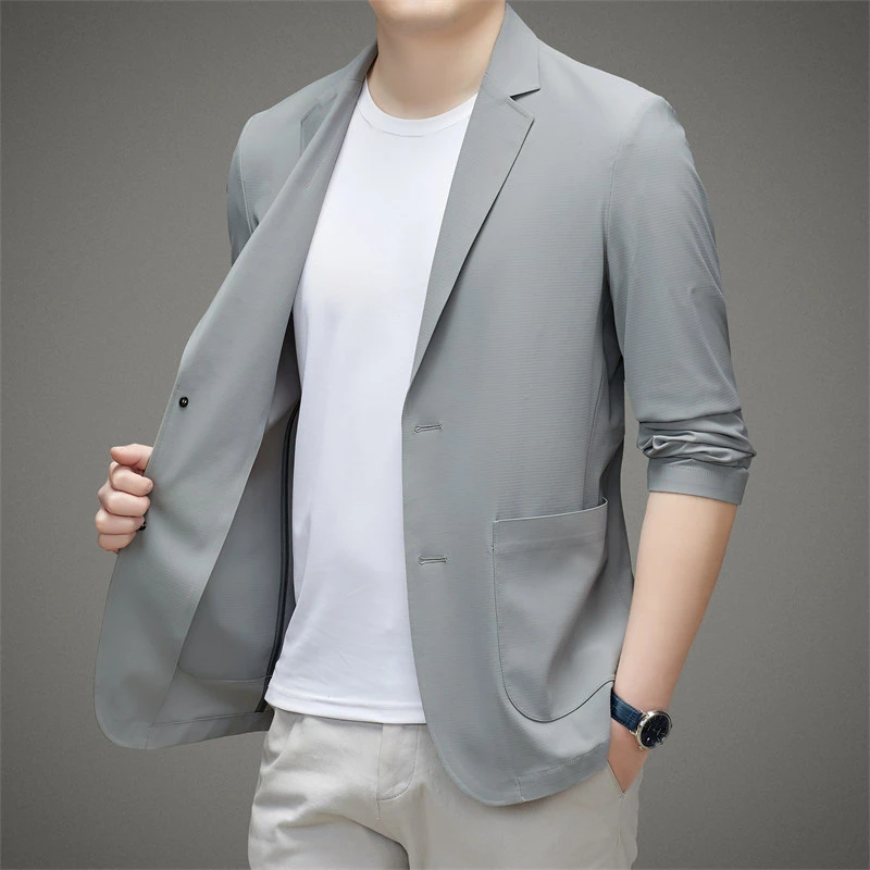 男士2025春夏季高弹力西服冰丝垂感抗皱休闲显瘦西装百搭薄款外套