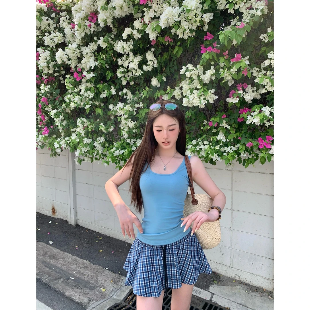 WSMY蓝色背心通勤显瘦辣妹短款时尚百搭夏打底性感外穿纯色上衣