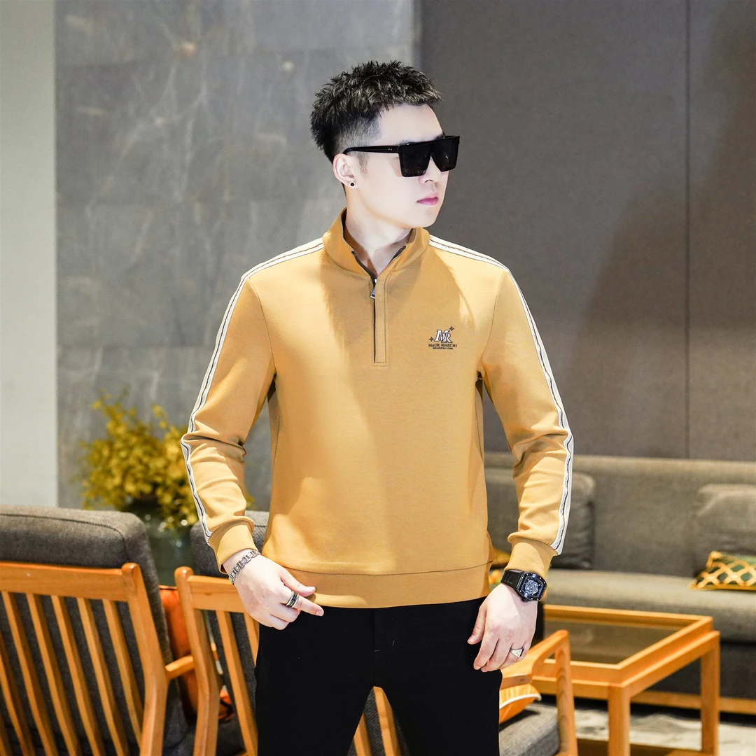 高端男装时尚黄色立领半拉链套头长袖运动织带拼接休闲卫衣GL8219