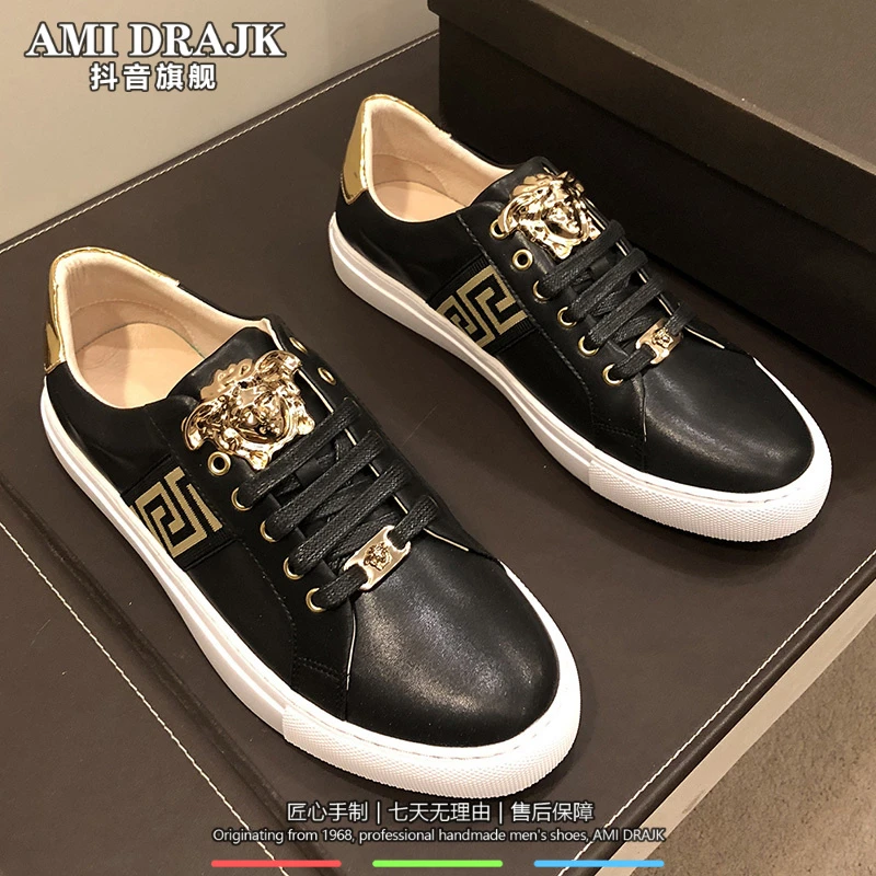 AMI DRAJK美人头时尚男鞋2025新款真皮系带小白鞋男士美杜莎金属