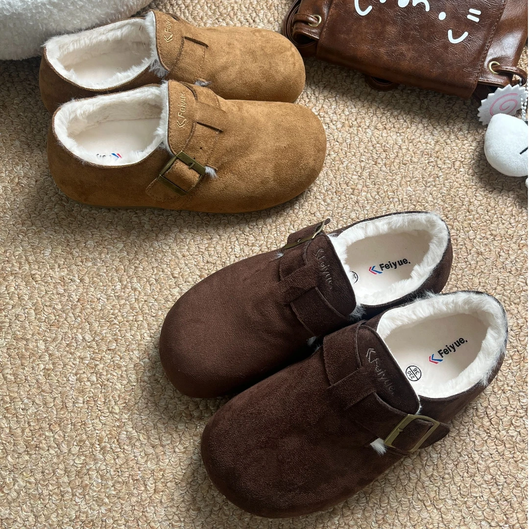 feiyue/飞跃2025冬季新款厚底加绒保暖博肯鞋内增高舒适棉拖鞋