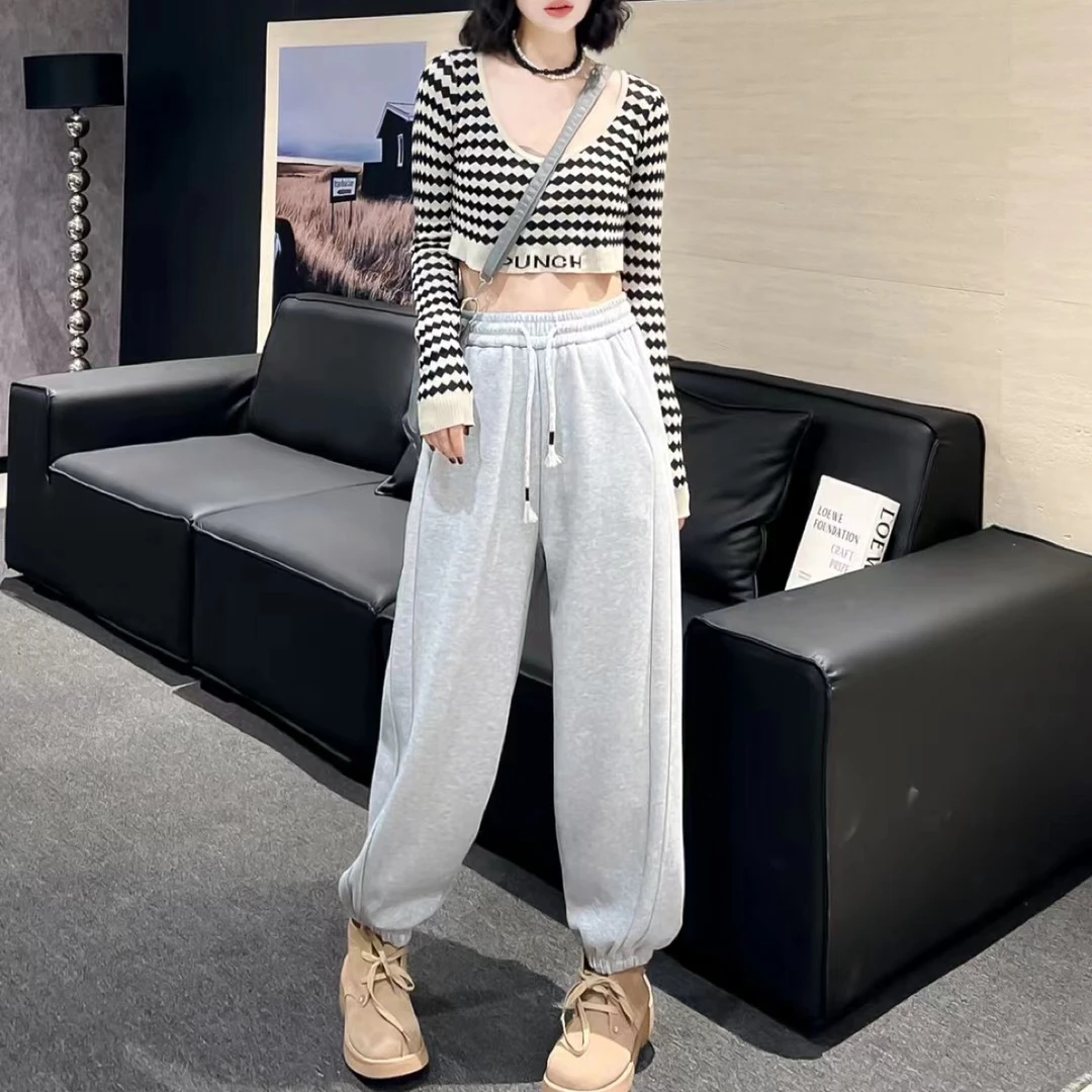 【闪闪专属】秋冬加绒高腰显瘦阔腿束脚卫裤女宽松休闲裤大码6083