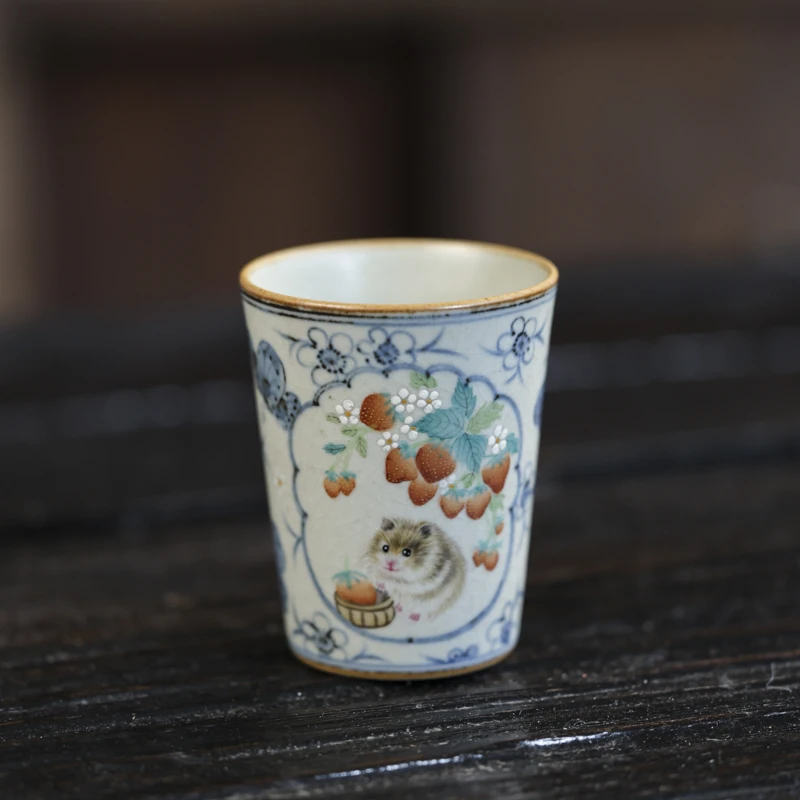 【小田甄陶】仓鼠草莓-朴云堂-直筒杯(130ml)（朴杯0347）