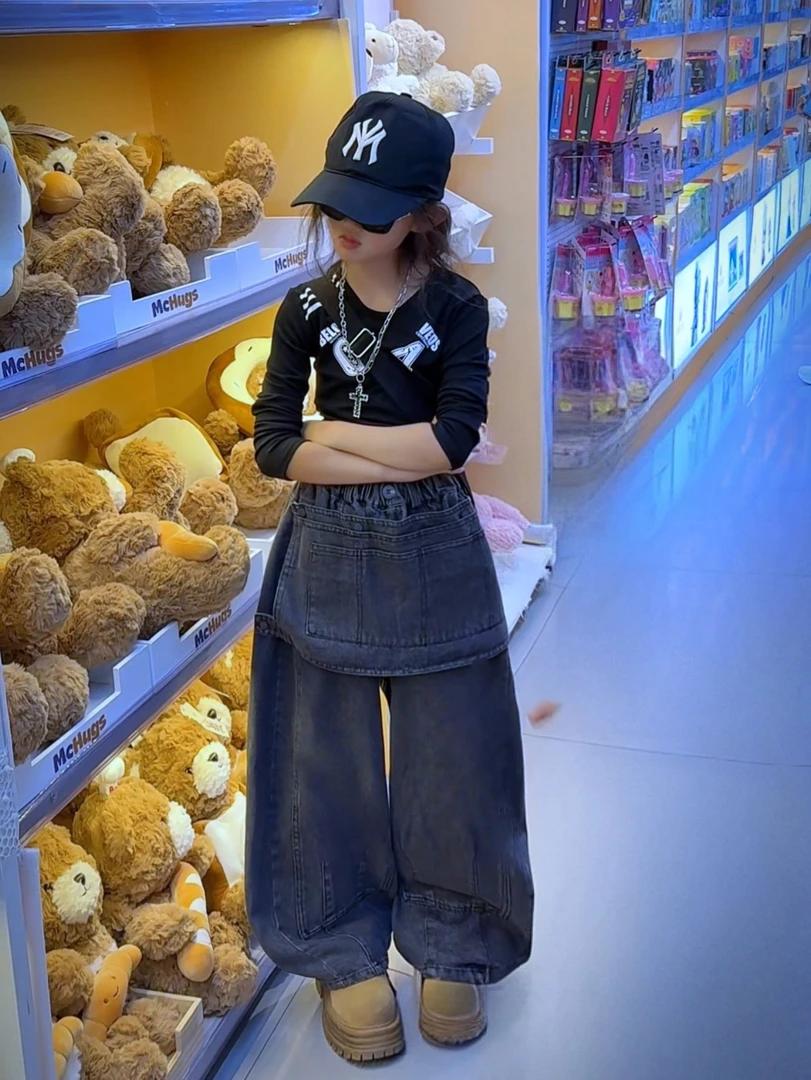 ☆甜蜜蜜☆女童破洞韩系宽松套头阔腿套装中大童春秋纯色休闲风