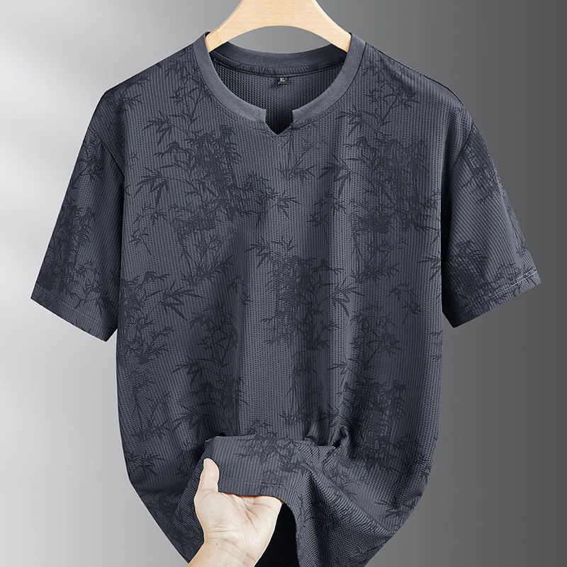 冰丝短袖小V领t恤男式胖子加肥加大码肥佬显瘦宽松休闲半袖体恤衫