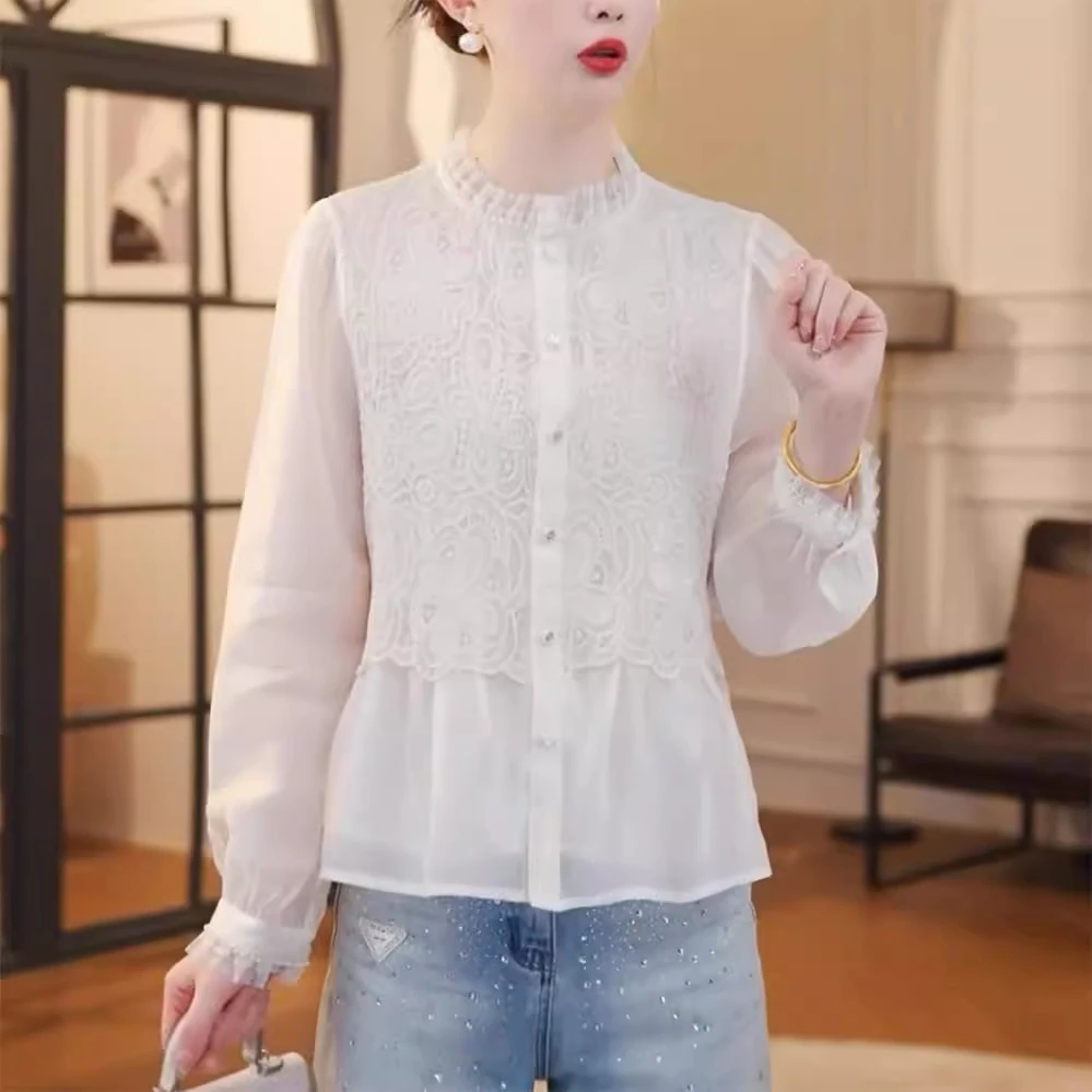法式蕾丝衬衫女2025新款春季时尚洋气减龄气质拼接假两件雪纺上衣