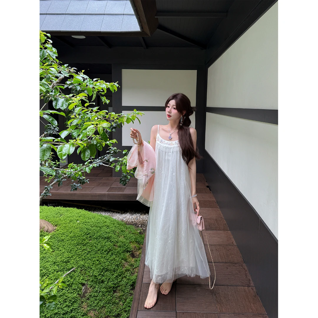 GA盈瓷【仙仙珠影】国风白色连衣裙裙子女开春流苏轻纱裙25SS0528