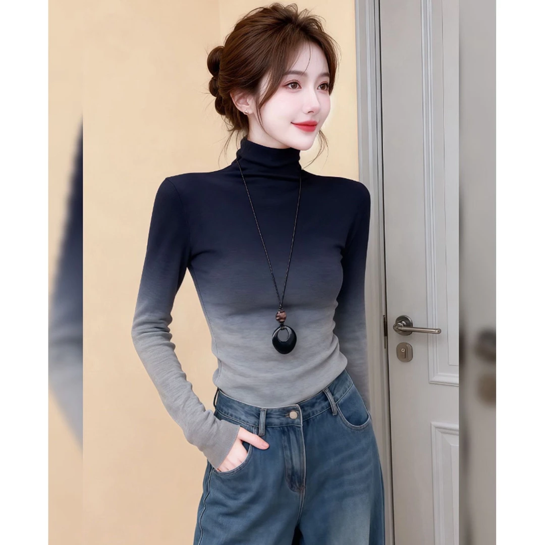 渐变色短款半高领修身内搭打底衫t恤女上衣2025秋冬新款独特韩系