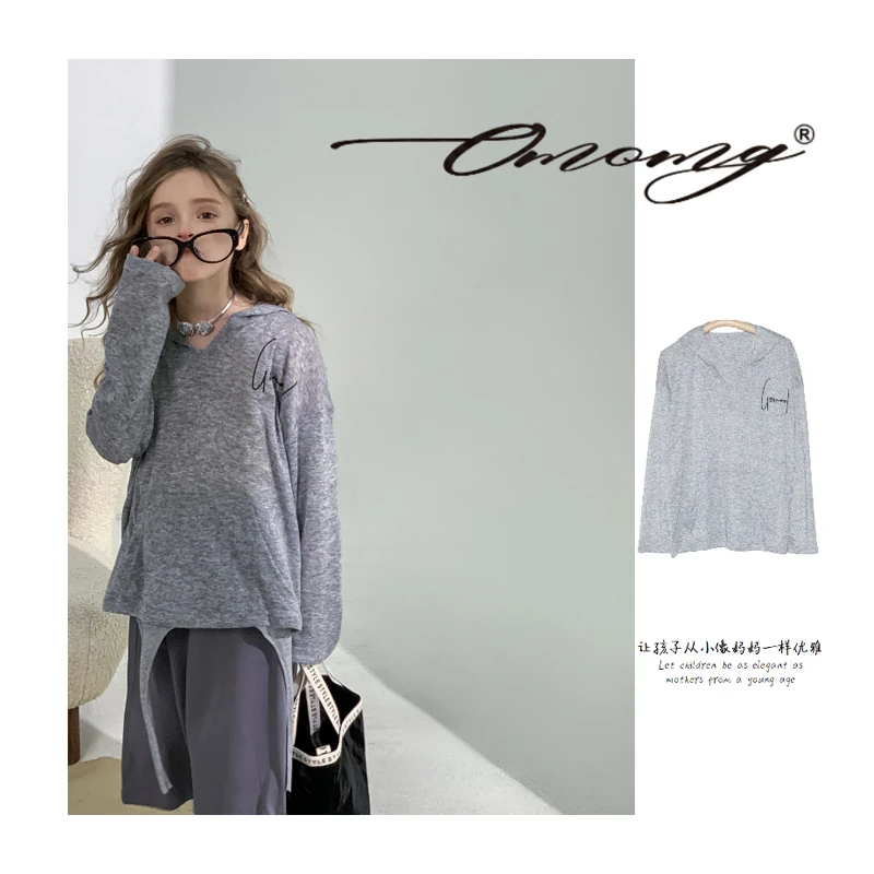 OMOMG女童连帽卫衣慵懒风设计师感时尚休闲宽松灰色印花O24C02002