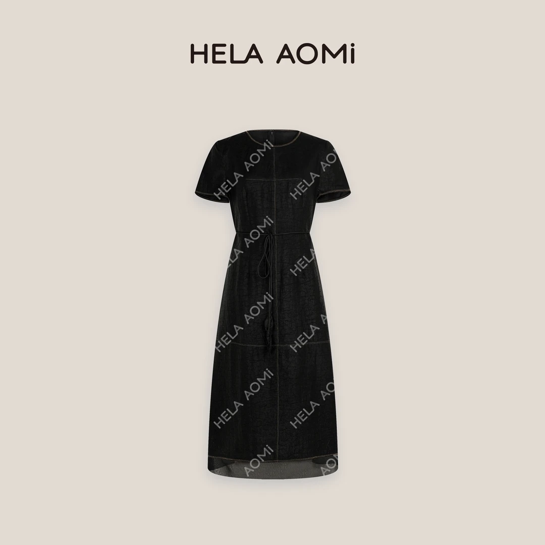HELAAOMI “桑蚕丝100% 香云纱”圆领遮肉显瘦连衣裙CY5BZ77053