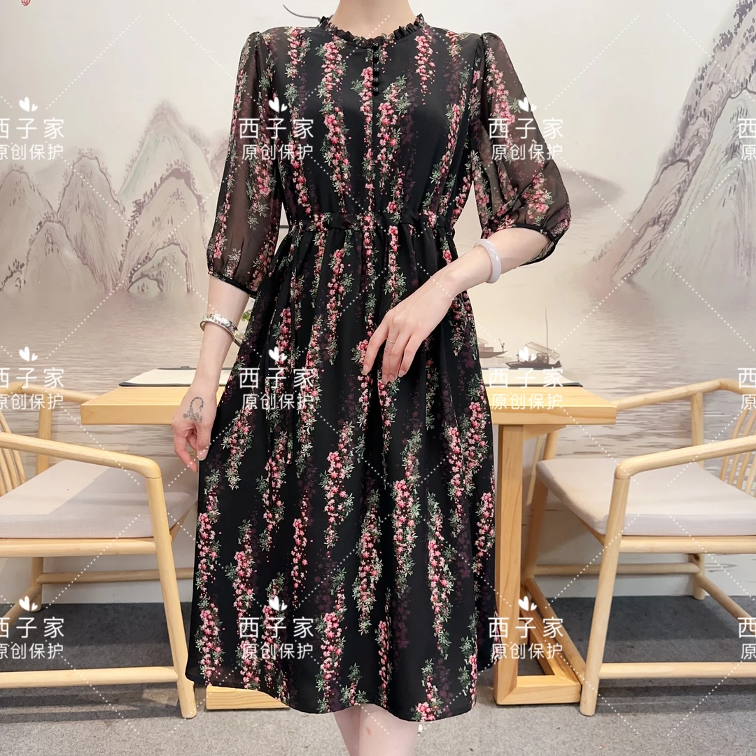 西子家  连衣裙版水竹吊兰中袖抽绳款1606