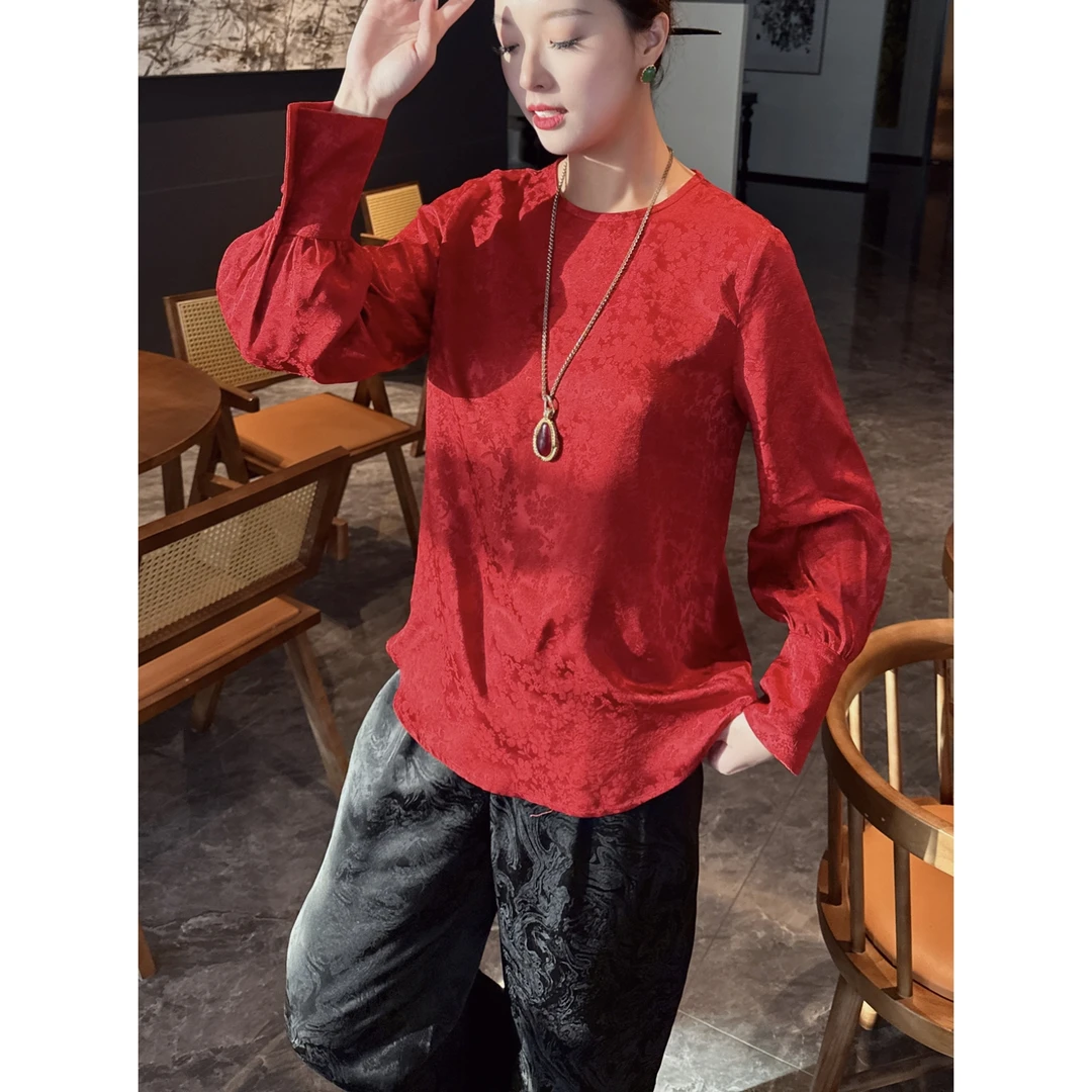 【老罗家】原创真丝衬衫女桑蚕丝花罗提花宽松红色长袖气质打底上衣