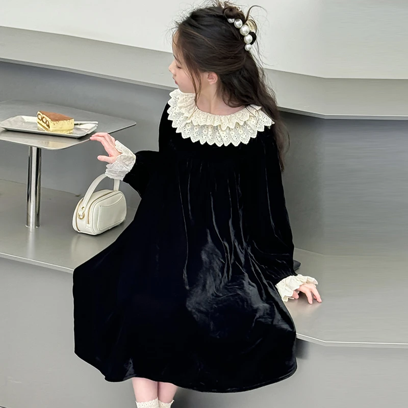 女童连衣裙春秋装2026新款儿童韩版丝绒蕾丝边法式公主裙甜美裙子