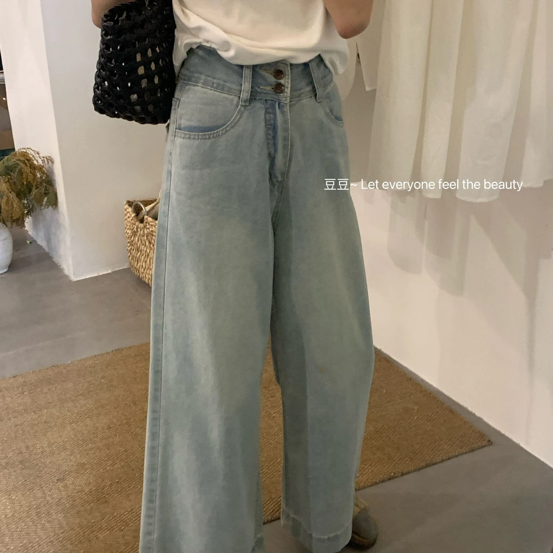 韩版浅色高腰宽松阔腿牛仔裤女2025春季新款小个子休闲直筒长裤