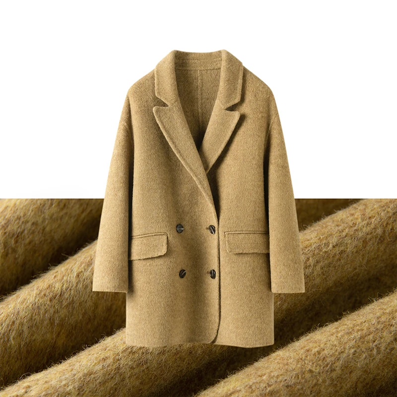 春季新款双面绵羊毛毛呢大衣气质宽松纯手工大衣百搭休闲小西装