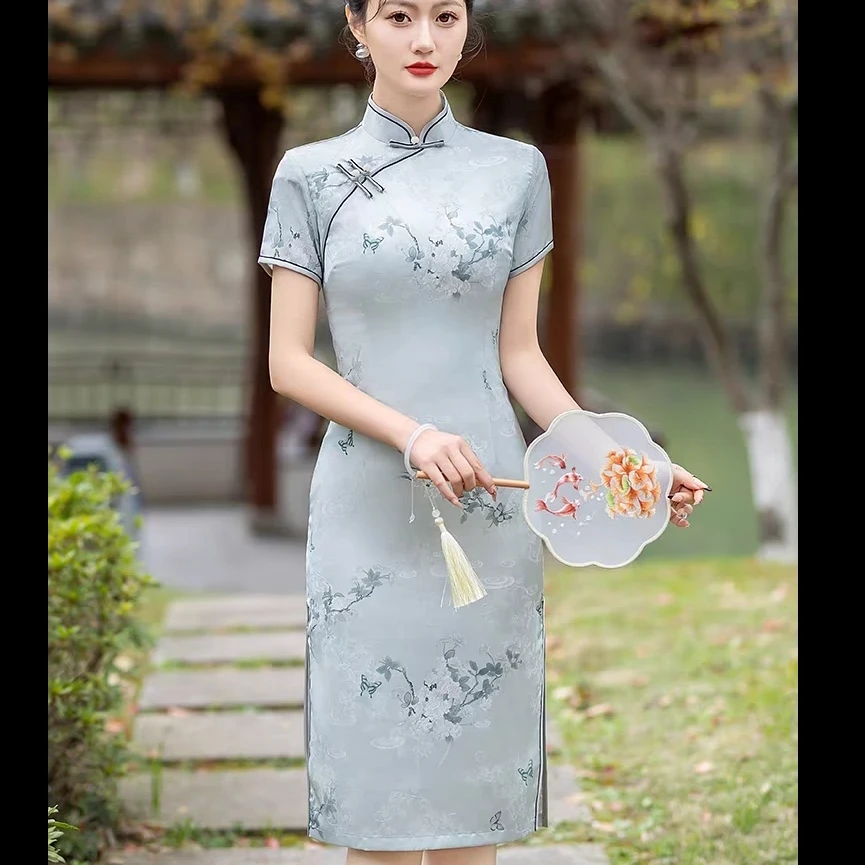 【1100蓝色】夏季新款年轻款修身显瘦复古日常改良新中式奥黛旗袍裙