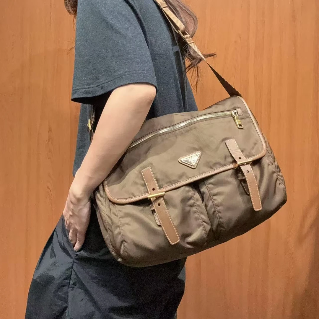 95新 Prada/普拉达 【蕾】3GP614 金棕色降落伞尼龙双袋邮差包