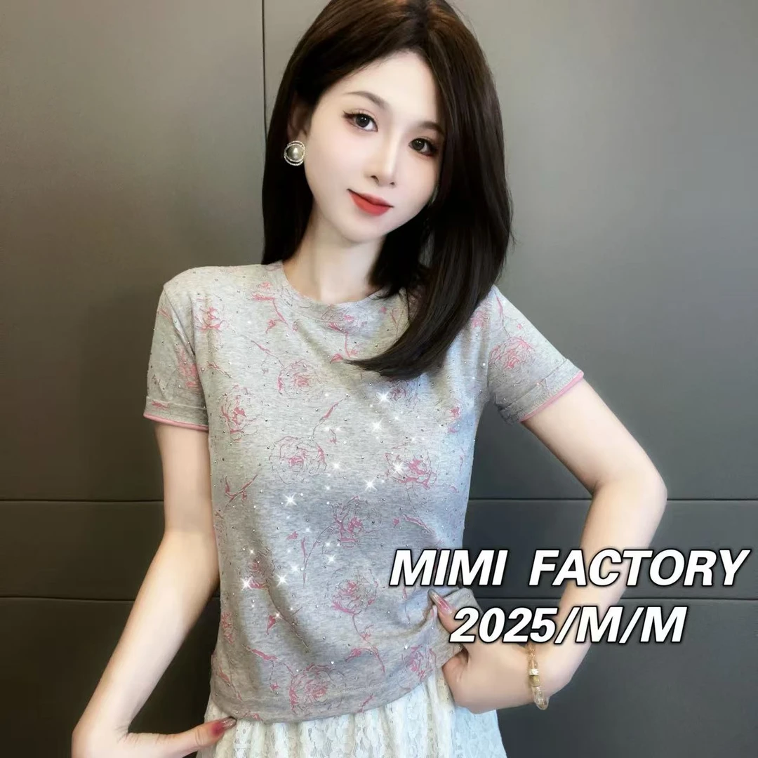 芈芈 2025新款短袖 几何烧花双色面料设计T恤衣服女上衣4030#