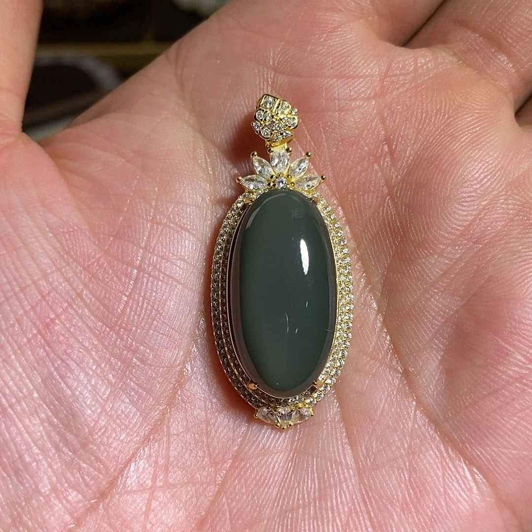 【闪购商品】吊坠(不含链)银S925镶嵌和田玉（碧玉）