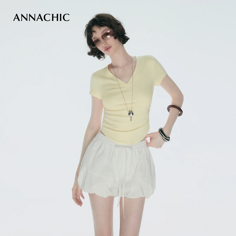 ANNACHIC夏季v领正肩短袖t恤不规则内搭打底衫鹅黄色修身显瘦上衣