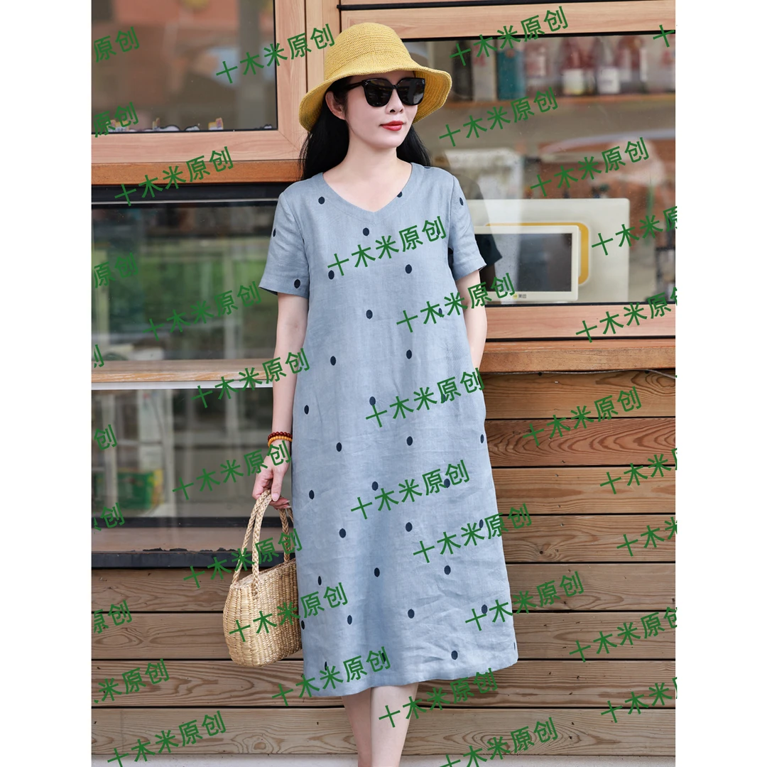 简月/十木米原创夏款百分百亚麻绣花波点文艺气质中长连衣裙