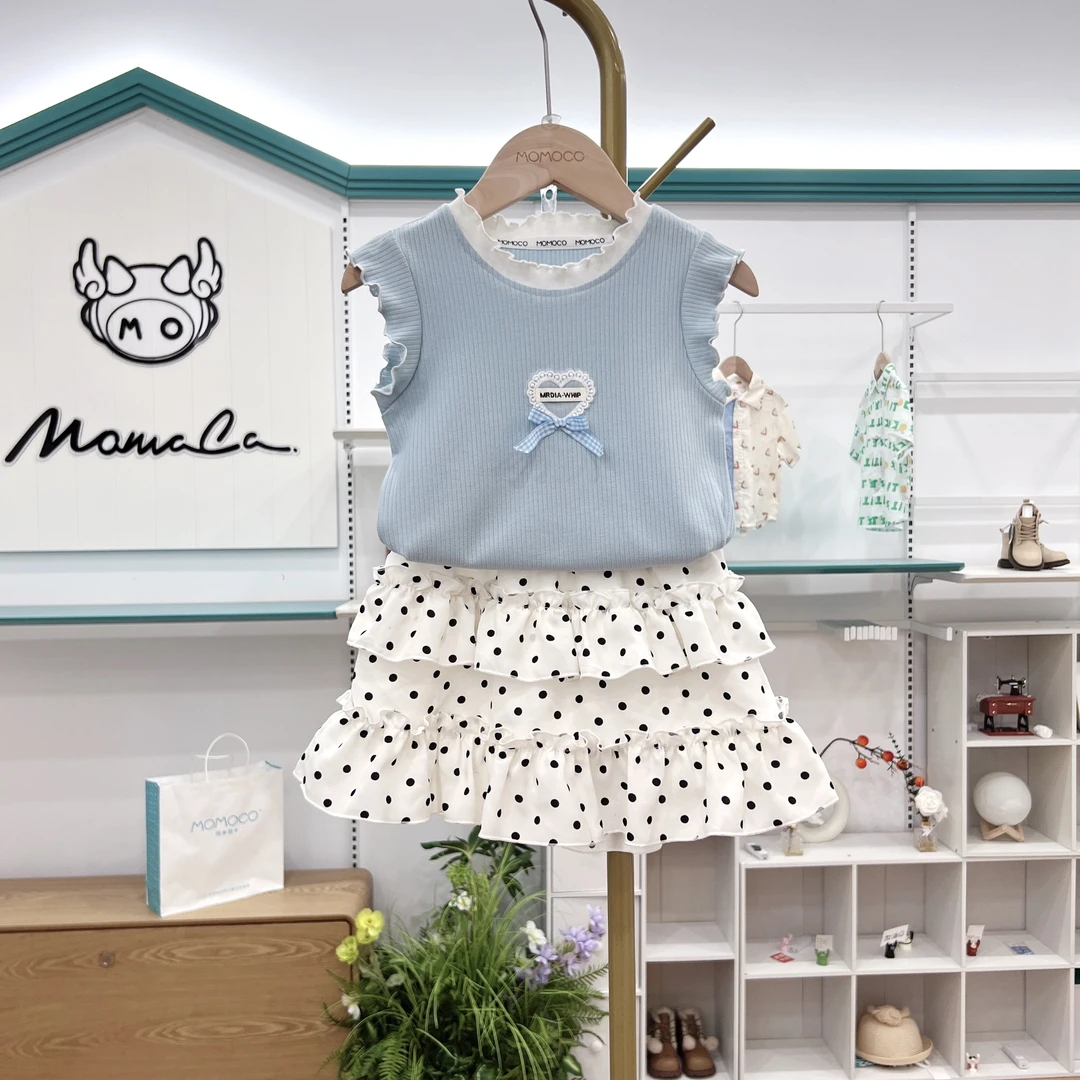 MOMOCO女童夏季韩系木耳边上衣搭波点短裙两件套77630578201