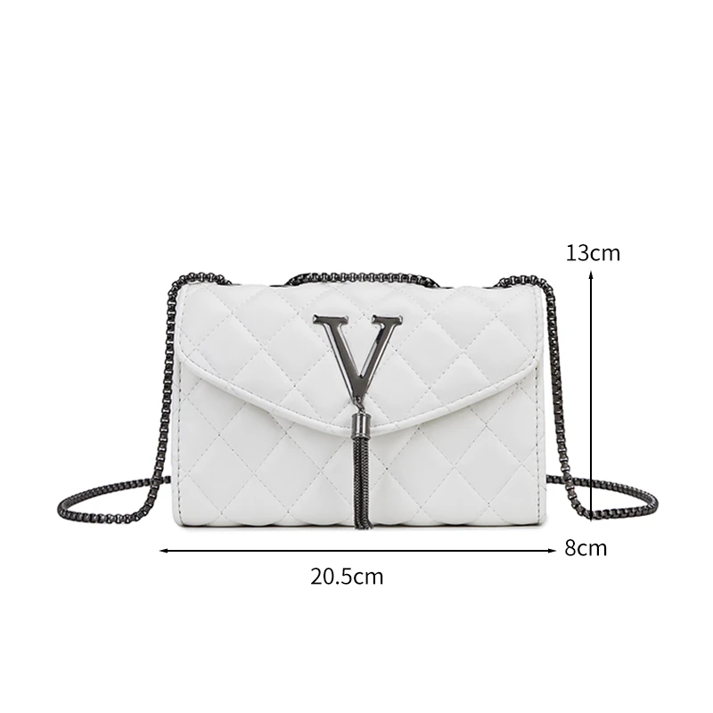 流苏链条单肩包时尚简约菱格小方包纯色斜挎包都市女包8801白色