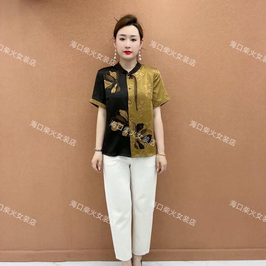 复古时尚流苏AB面撞色设计缎面开衫中老年妈妈装大码短袖外套显瘦