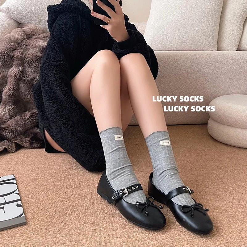 夏季薄款纯棉袜子女简约百搭配小皮鞋中筒袜甜美木耳边少女短袜子