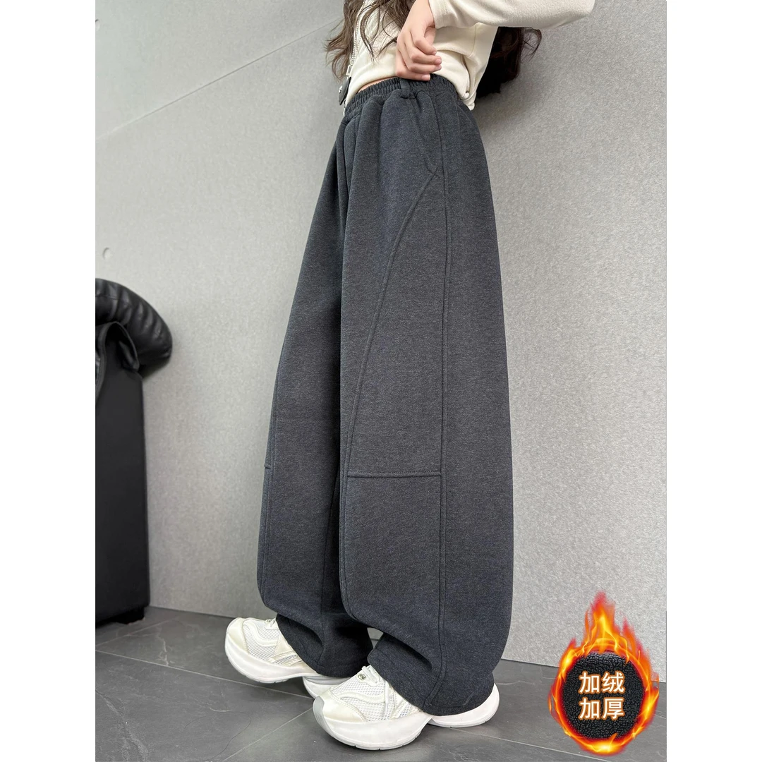 糯米裤女童2025秋冬季新款灰色加绒运动裤弯刀裤子美式冬季休闲裤