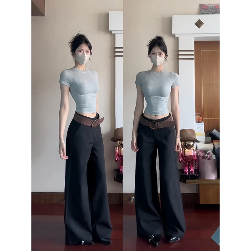 大码美式高级感黑色低腰微喇西装裤女春秋辣妹百搭显瘦阔腿休闲裤