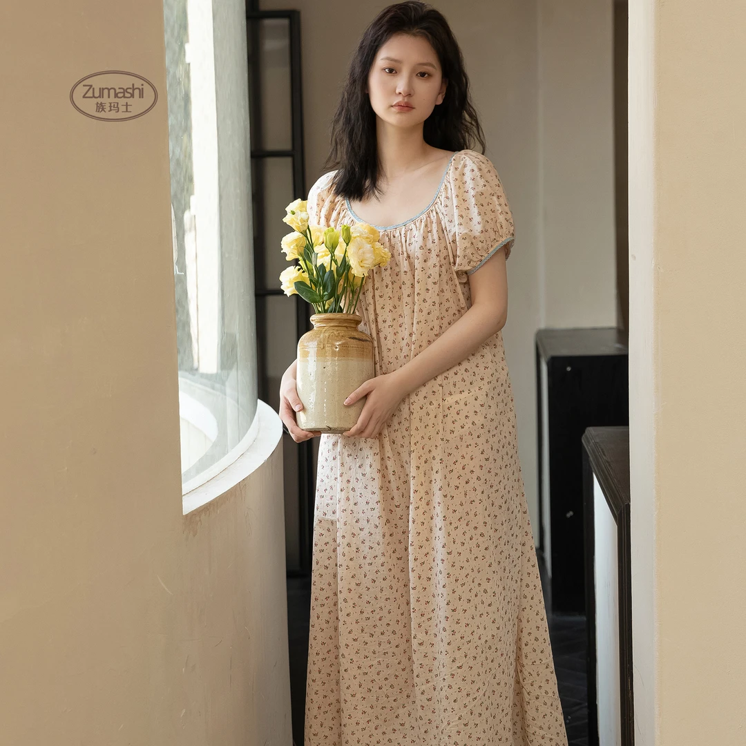 族玛士长款睡裙女2025新款夏季夏天全纯棉碎花薄款大码家居服睡衣