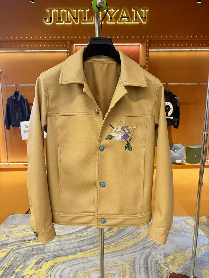 【FX-1212】新款轻奢时尚花朵刺绣纽扣皮衣夹克外套-香港-雪