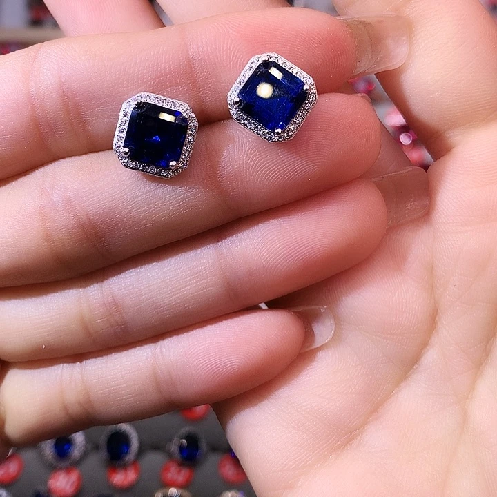蓝宝石耳饰银S925镶嵌