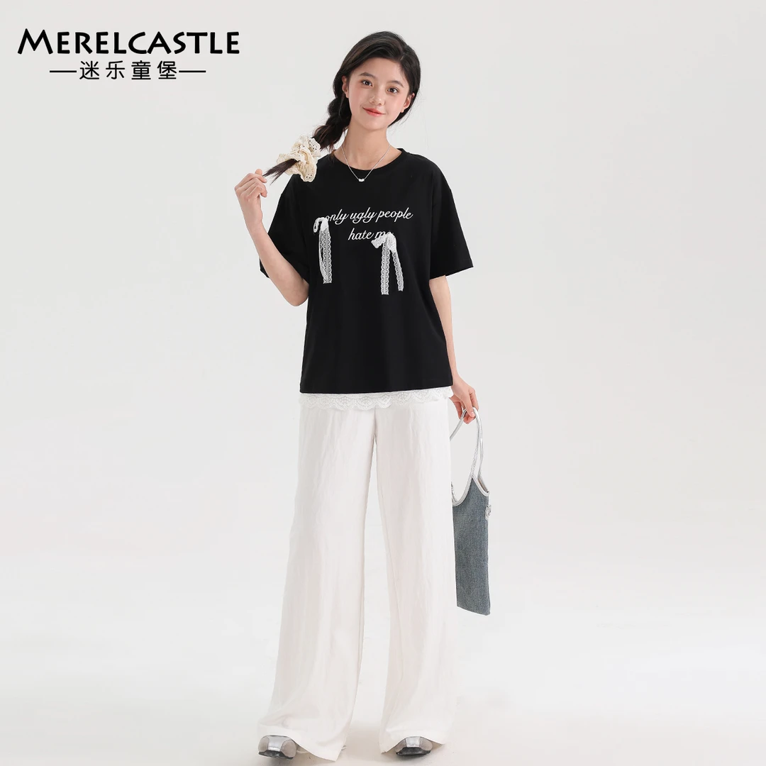 C4792女童洋气蕾丝短袖T恤大童青少年装休闲时尚夏季体恤衫