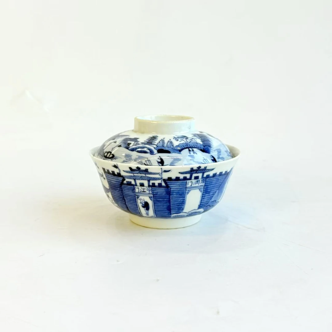 JM428清晚期-青花山水人物盖碗【古董拍卖】