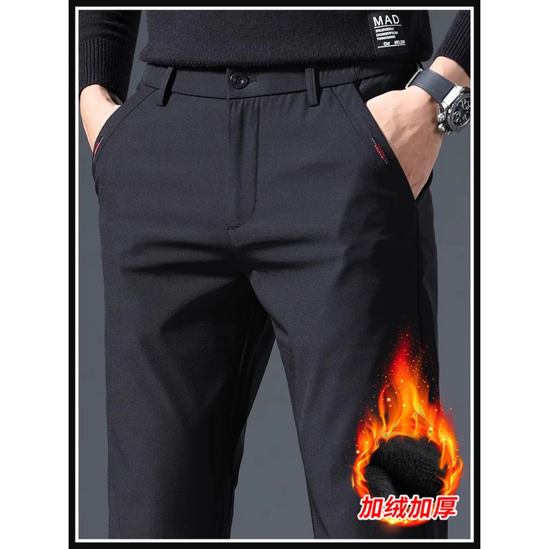 Leekody香港秋冬款加绒加厚黑色休闲裤男款商务弹力运动百搭长裤