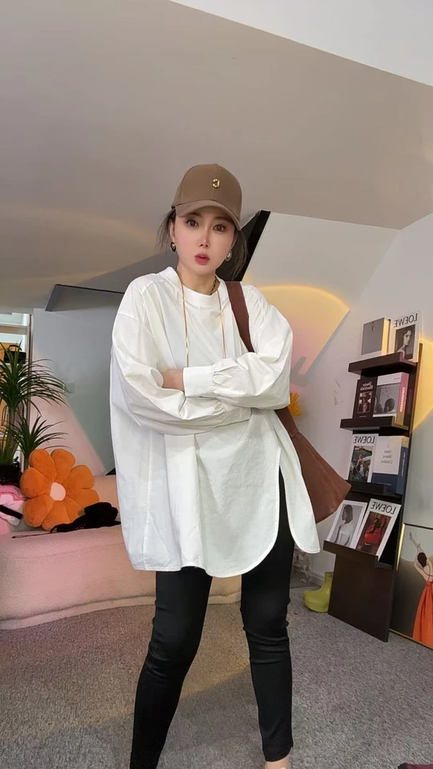 【小二姐家】2025新款时尚百搭宽松圆领洗水棉衬衫袖小衫