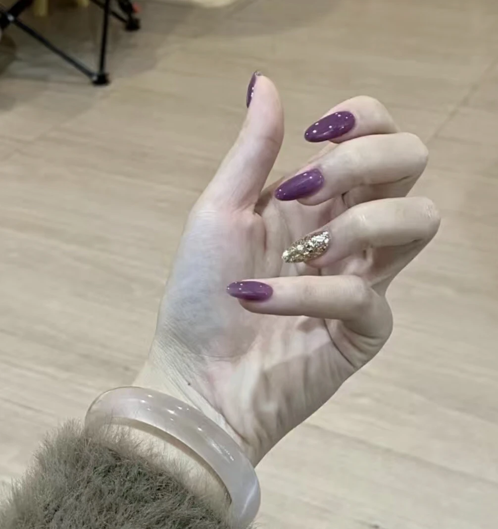 【怀金拖紫】紫色猫眼纯手工穿戴甲牢固持久气质可拆卸美甲贴片闪粉