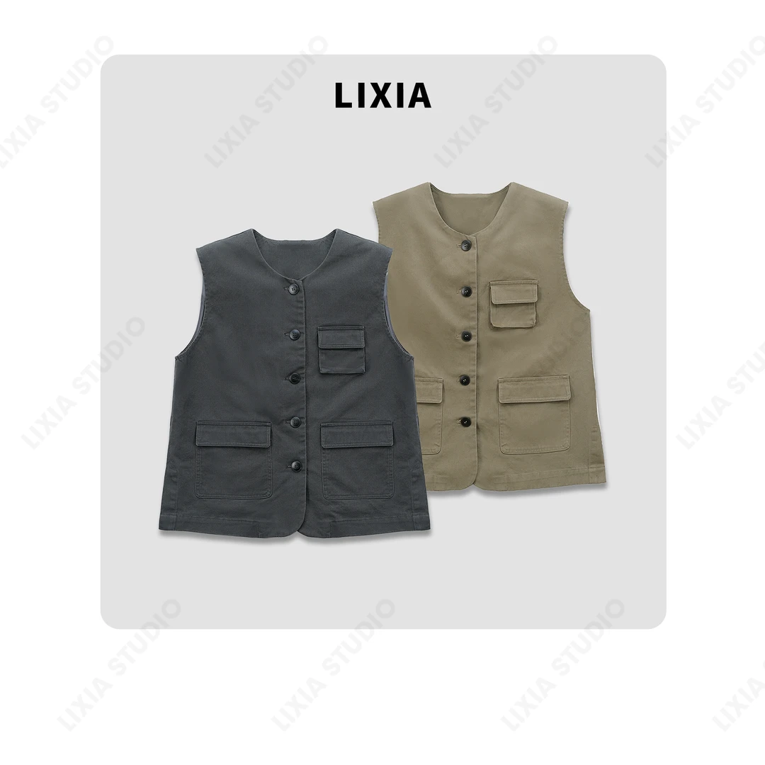 LIXIA【工装时尚】常规通勤风工装风时尚多口袋休闲气质马甲-D6723
