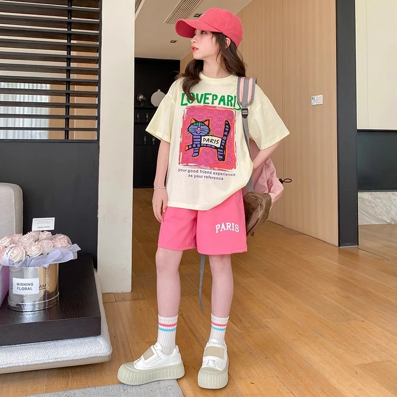 女童夏季短袖套装2025新款女大童夏装韩版T恤短裤儿童运动两件套