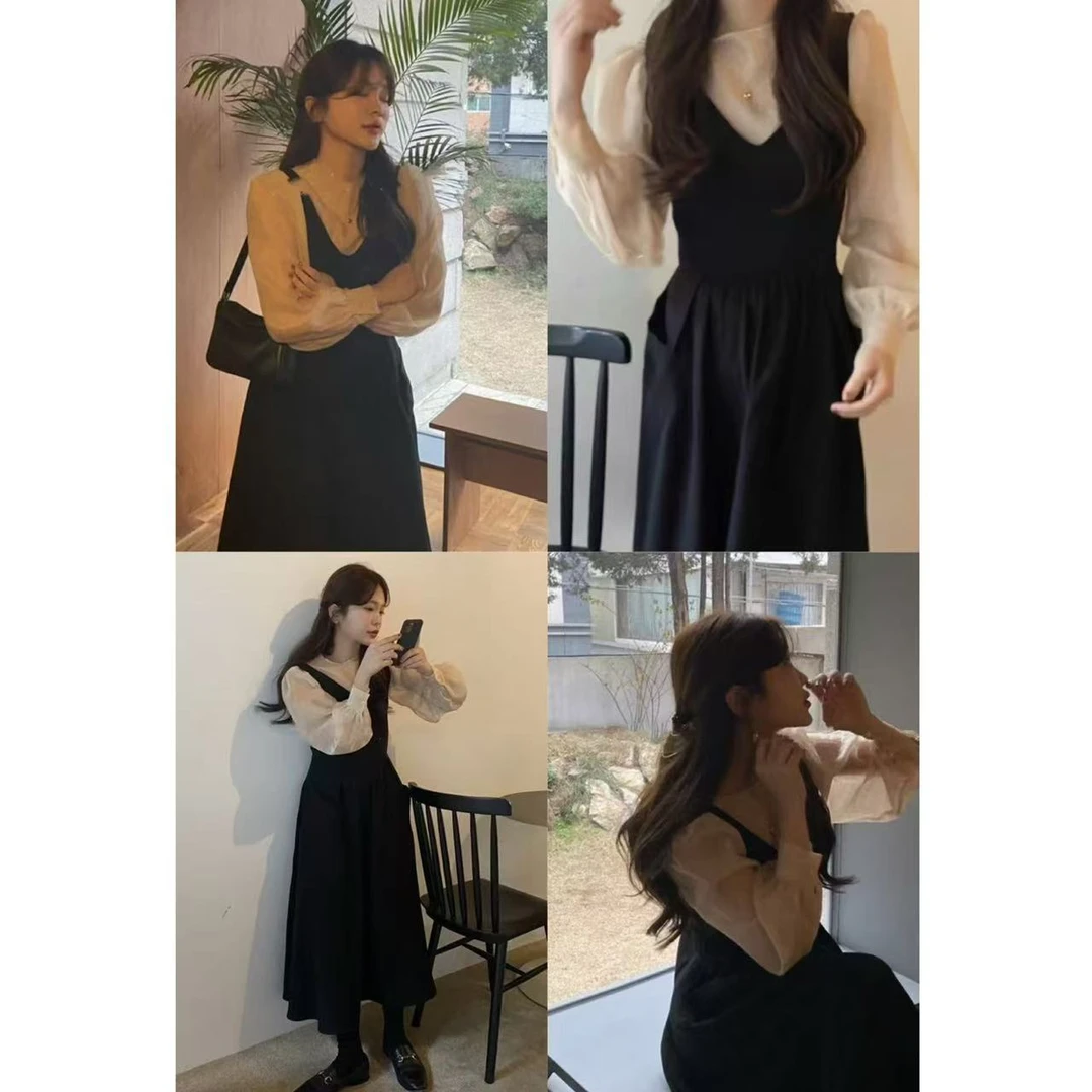 韩系精致褶皱衬衫+背心连衣裙套装 8208