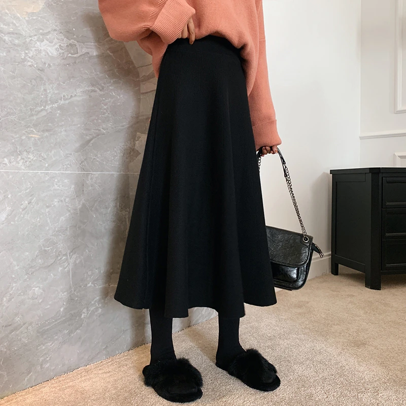 微胖黑色鱼尾裙女秋冬百搭气质a字裙包臀裙显瘦中长款针织半身裙