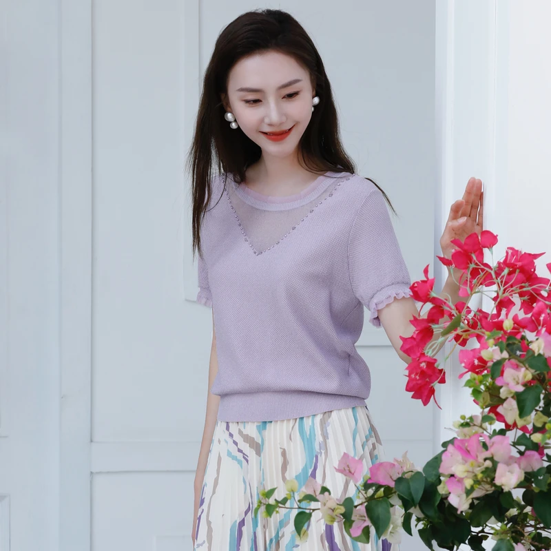 【粉丝专享】BuouBuou莫奈紫玻璃纱钉珠肌理针织上衣女BKCA907