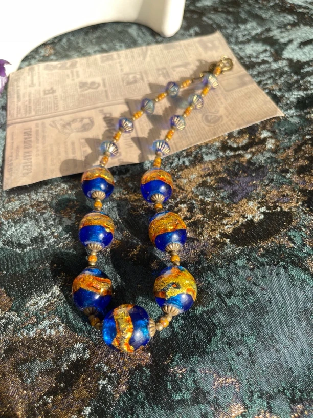 意产蓝色银箔人鱼姬单层琉璃项链