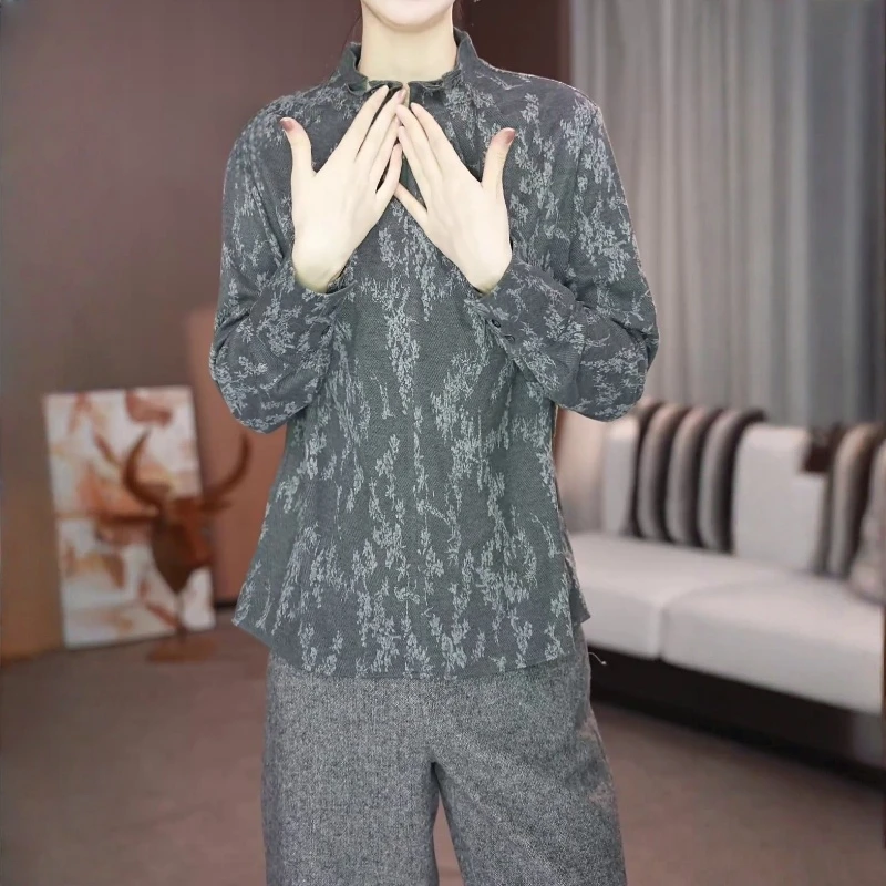 2025秋冬新款轻熟风复古洋气长袖上衣女时尚小众显瘦印花立领衬衫