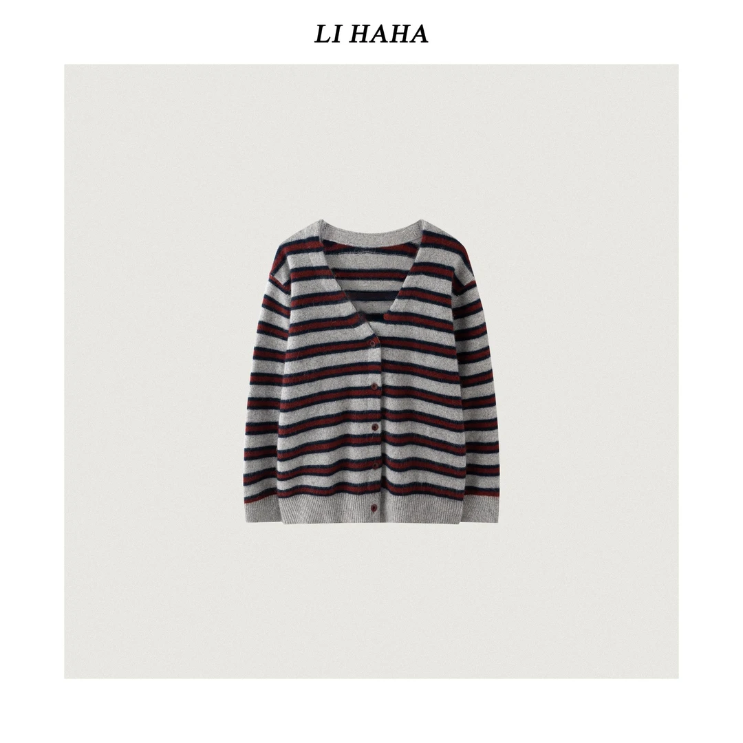 LIHAHA 绵羊毛特种动物毛混纺经典条纹衫 V领休闲百搭开衫TJ7156