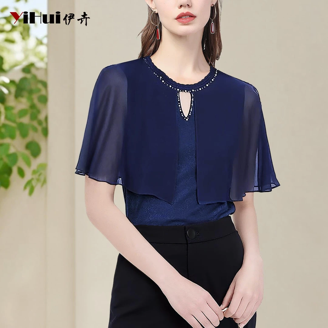 YIHUI伊卉针织衫拼接雪纺短袖上衣气质钉珠时尚设计感SE256529