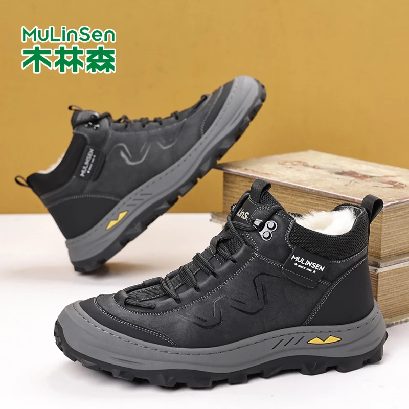 木林森男鞋2025冬季新款户外加绒雪地靴厚底高帮大棉鞋保暖皮鞋