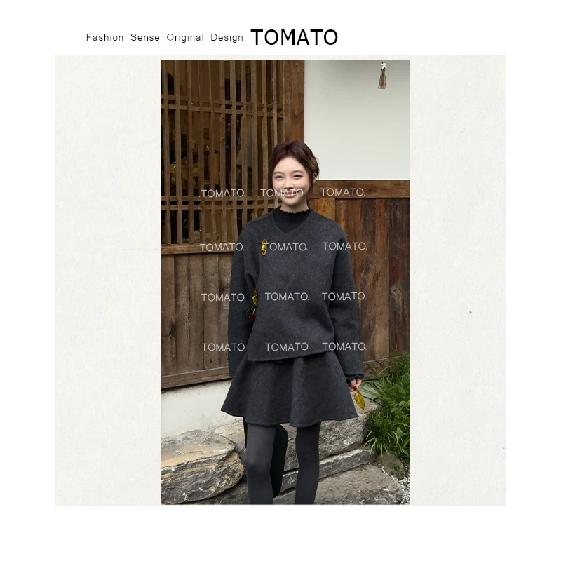 TomaTo-「烟雨巷」韩系高级感百搭灰色双面羊毛大衣+半身裙套装8881